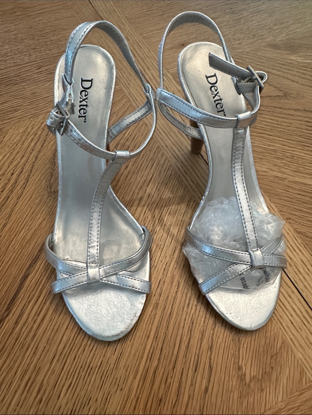 Dexter Silver T-Strap Evening Heels